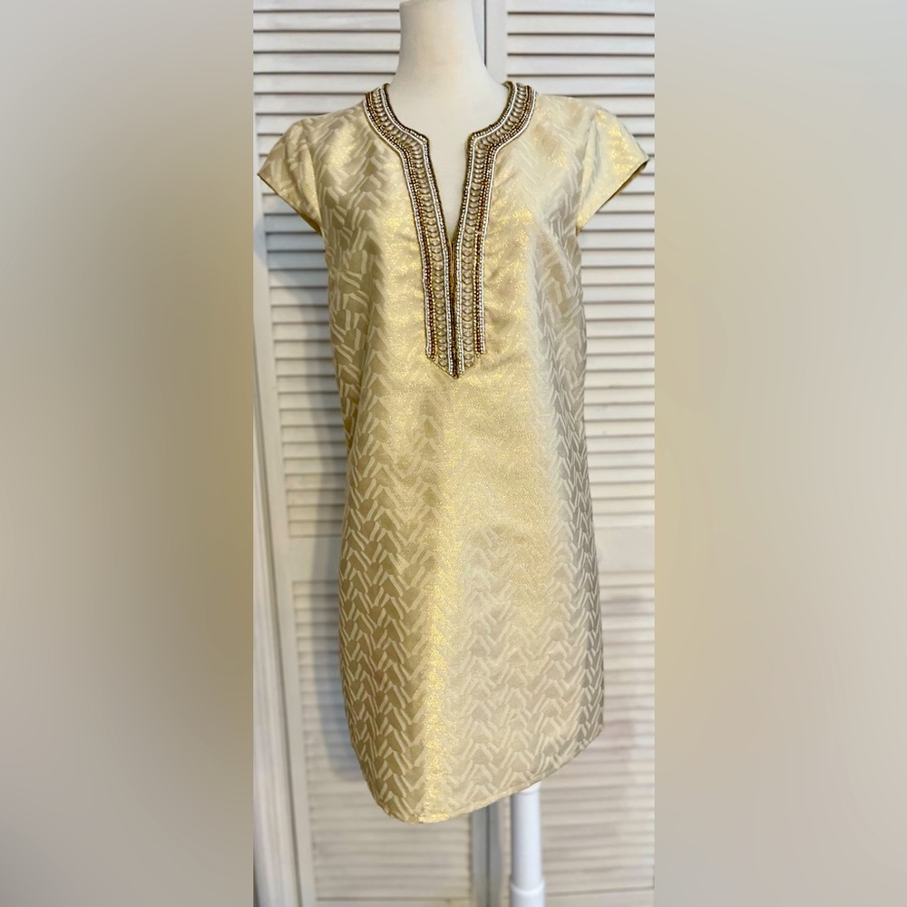 Julie Brown Dress Size 2 Vneck Champagne Metallic Midi Sheath Preppy Office Sexy